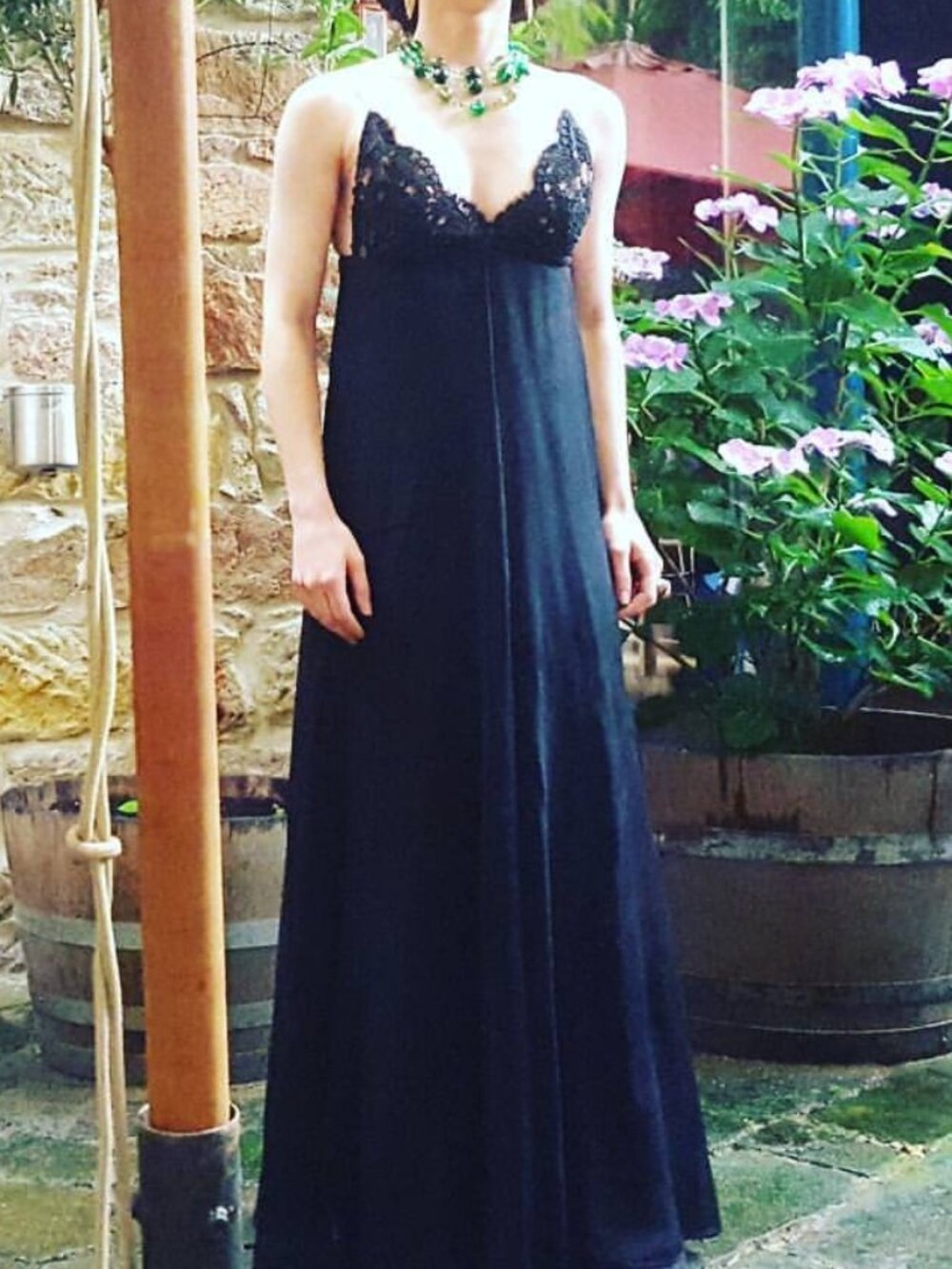 OOAK black silk and lace vintage gala a-line gown, sz XS